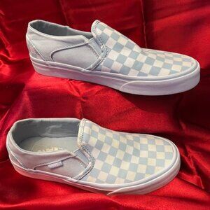Vans Classic Slip-On in the "Checkerboard Baby Blue/White",  women's Size 8